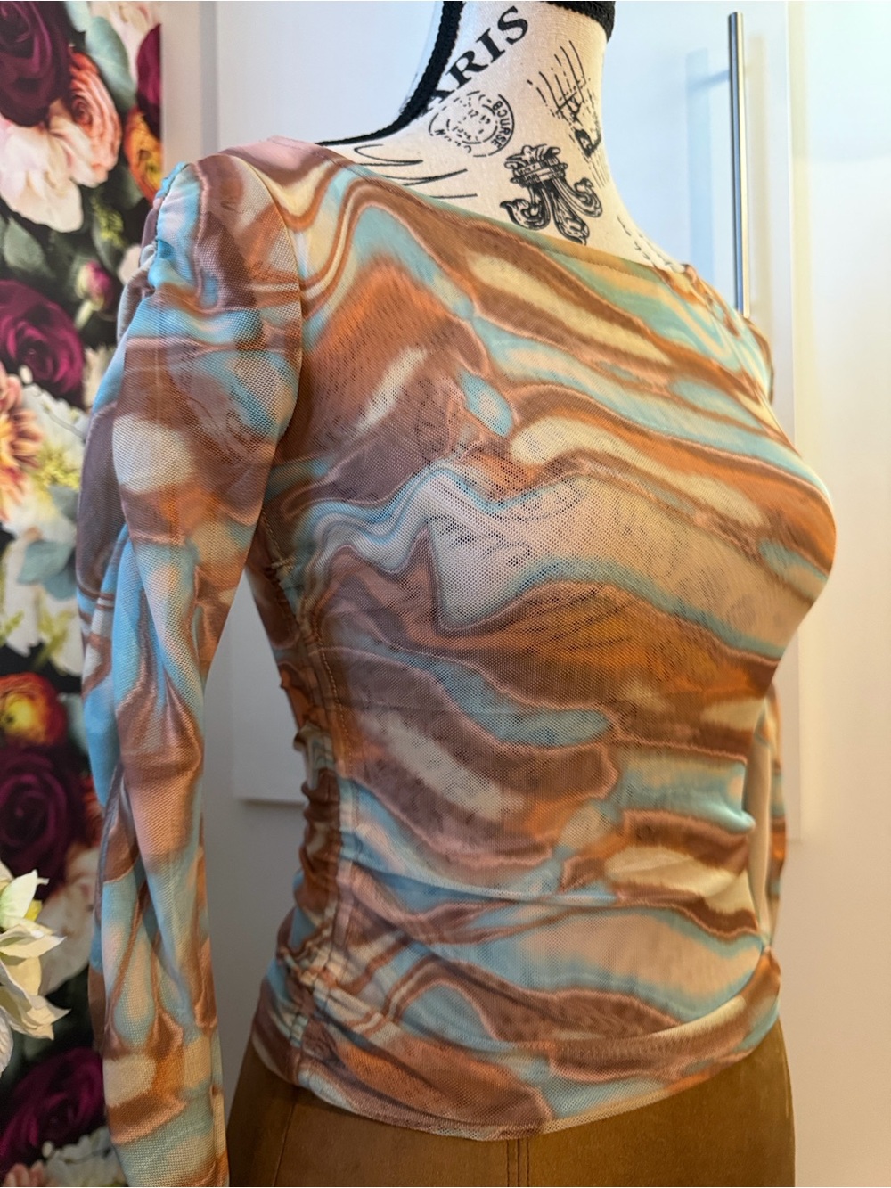 Dynamite Long-Sleeve Wave-Print Top in Aqua , tan, and brown hues in size XXS